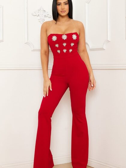 IB2331JP - RHINESTONE BROOCH ATTACHED JUMPSUIT