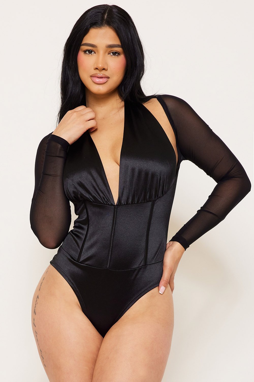 IB2373AP - SATIN AND MESH PANELLED BODYSUIT