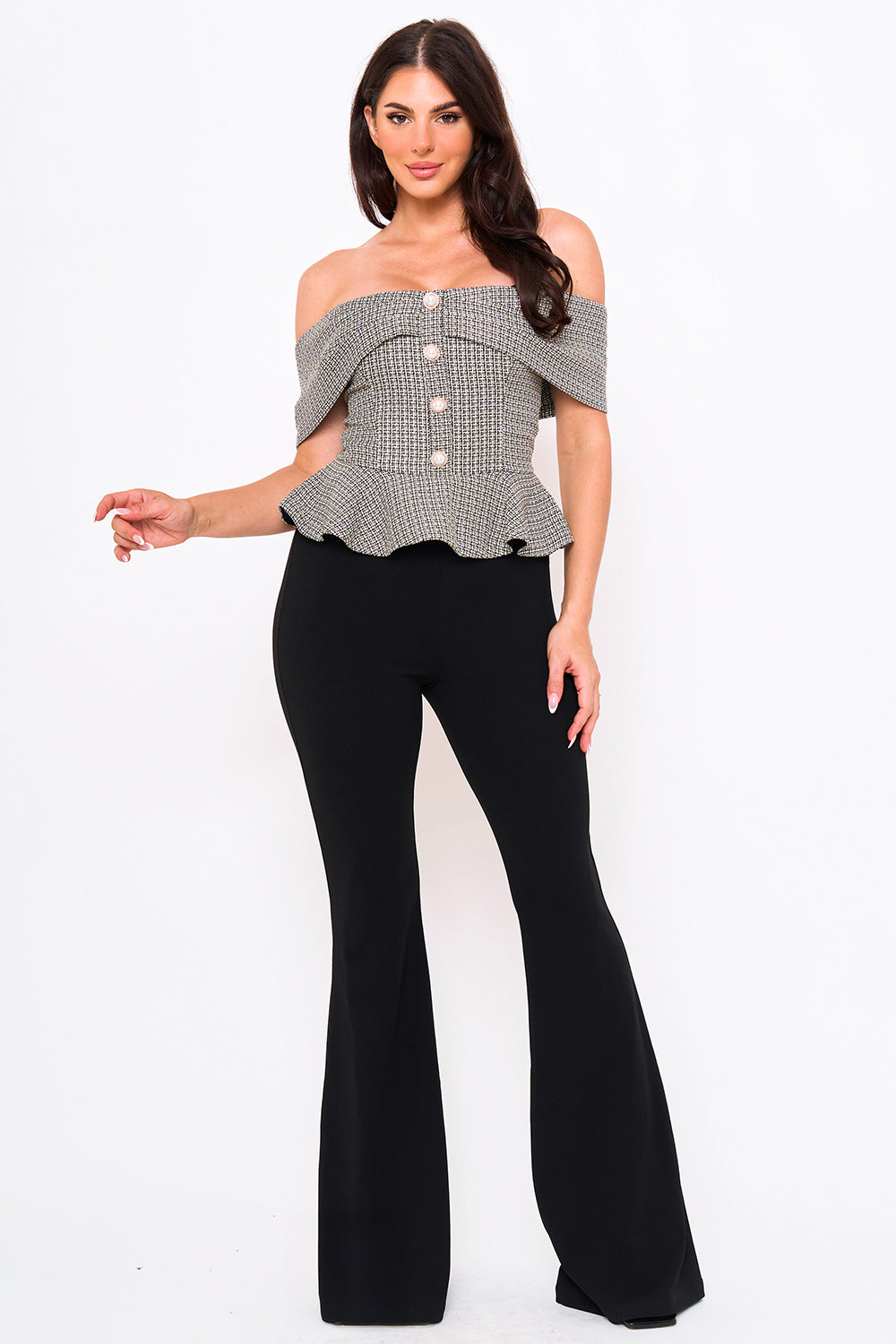 IB2497JP - TWEED OFF THE SHOULDER PEPLUM TOP JUMPSUIT - Image 6