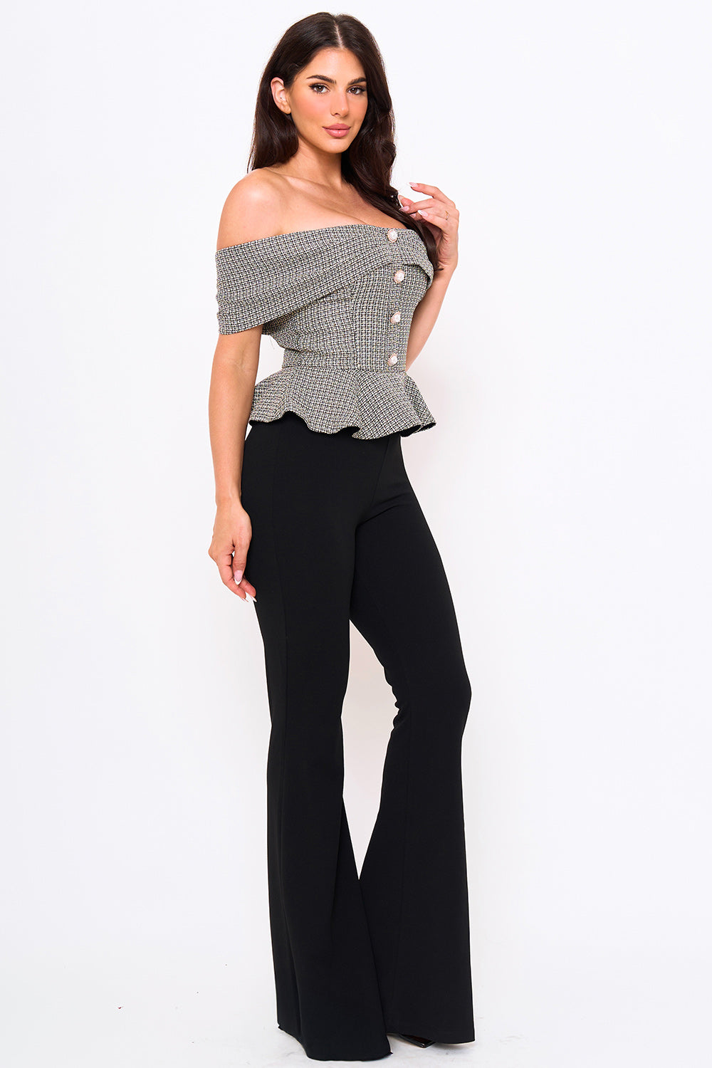 IB2497JP - TWEED OFF THE SHOULDER PEPLUM TOP JUMPSUIT - Image 9