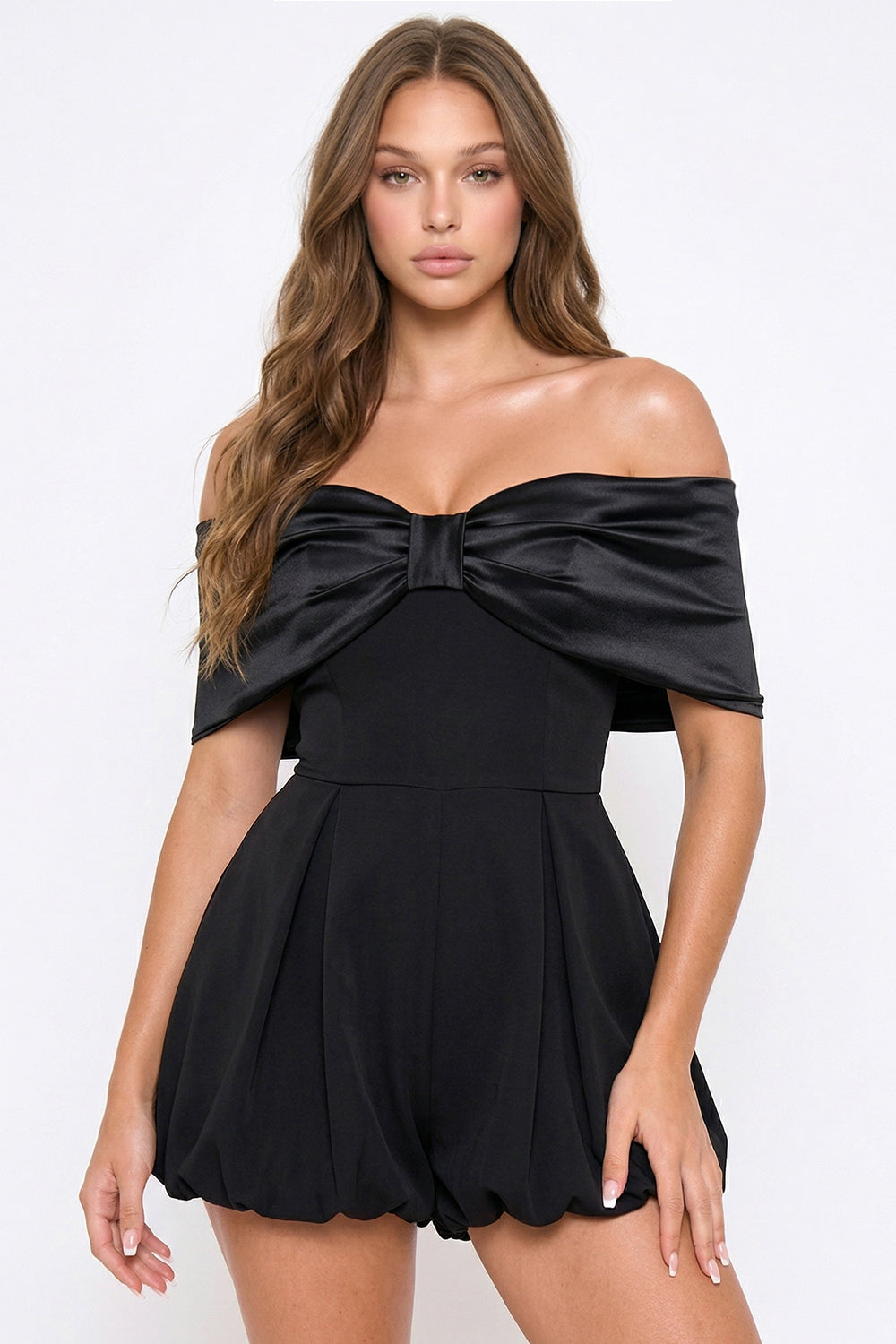 IB2512HP - SATIN LARGE BOW FRONT OFF THE SHOULDER ROMPER - Image 2