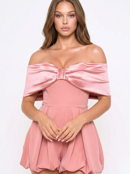 IB2512HP - SATIN LARGE BOW FRONT OFF THE SHOULDER ROMPER