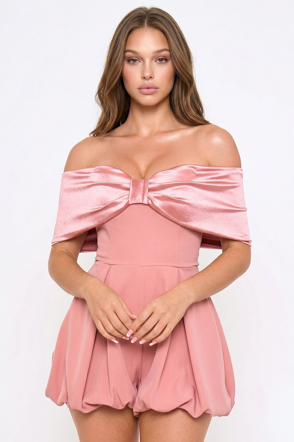 IB2512HP - SATIN LARGE BOW FRONT OFF THE SHOULDER ROMPER