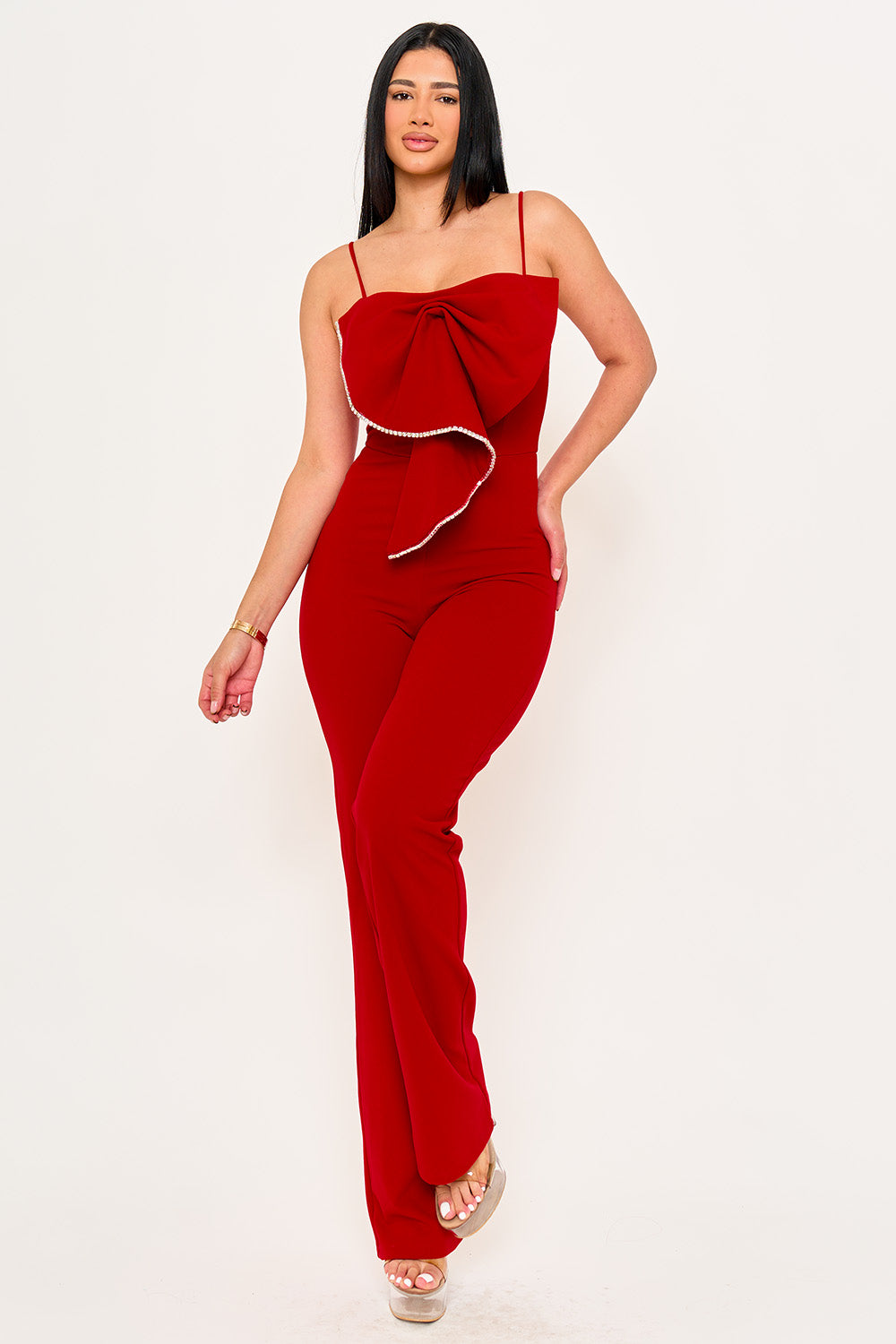 IB2513HP - RHINESTONE TRIM THE EDGE OF THE BOW JUMPSUIT