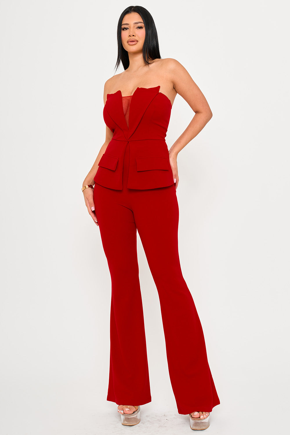 IB2542HP - TUBE TOP WITH COLLAR DETAIL PEPLUM JUMPSUIT - Image 3