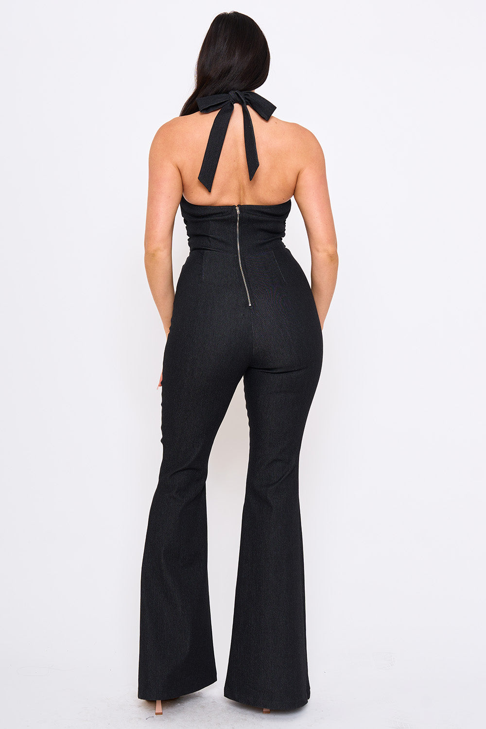 IB2556HP - PLUNGING V-NECK HALTER TOP DENIM JUMPSUIT - Image 9