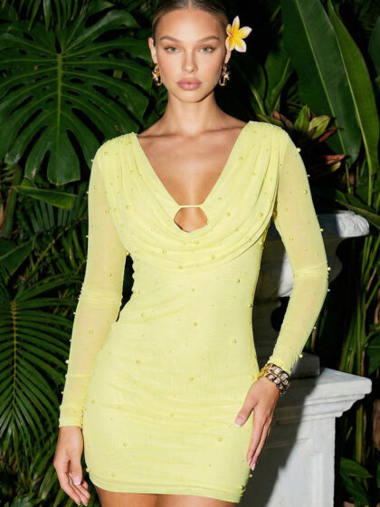 ID9455SP - MESH WITH PEARL BEADED MINI DRESS