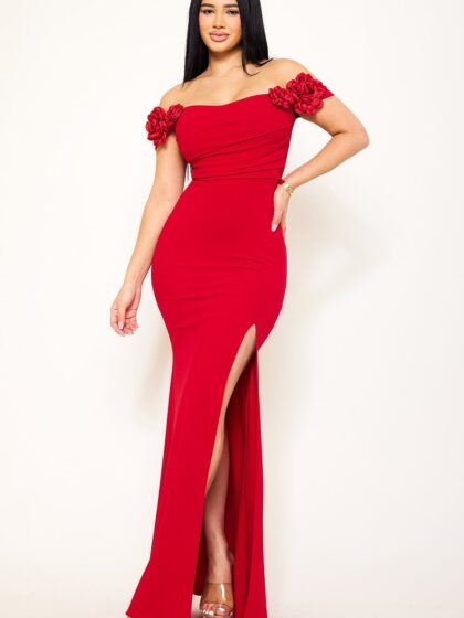 IDM9499JP - FLOWER ON SLEEVE OFF THE SHOULDER MAXI DRESS