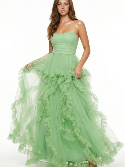 IDM9767JP - MESH RUFFLE DRAPPED MAXI DRESS