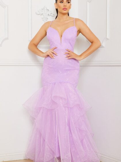 IDM9777SP - LACE AND CHIFFON RUFFLE MERMAID MAXI DRESS