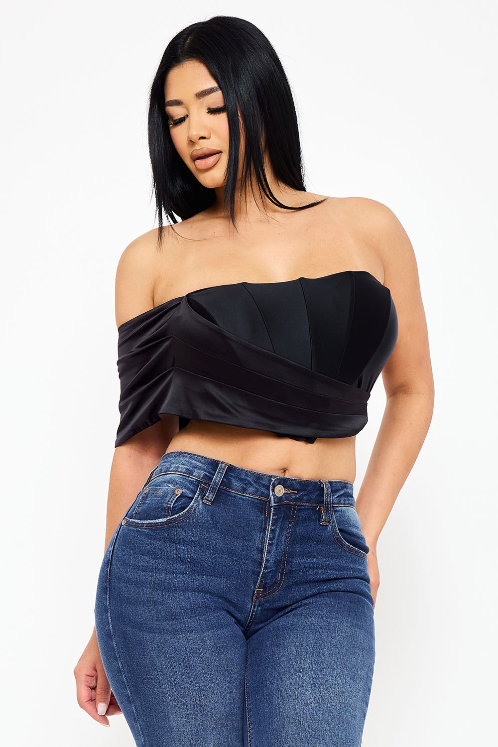 IT1345AP - PEARL SATIN ONE SHOULDER OFF THE SHOULDER CROP TOP