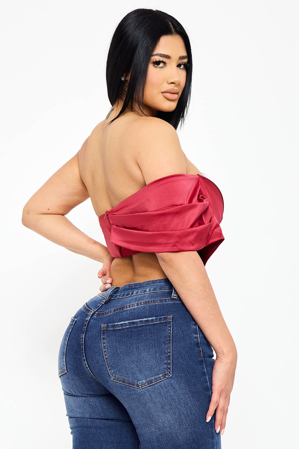 IT1345AP - PEARL SATIN ONE SHOULDER OFF THE SHOULDER CROP TOP - Image 9