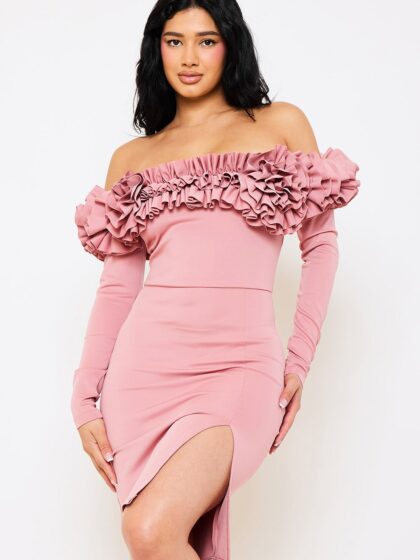SD1093SP - RUFFLE FOLDED OFF THE SHOULDER MIDI DRESS