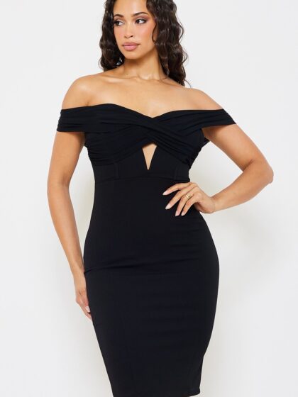 SD1152SP - MESH WITH TECHNO CREPE MIDI DRESS