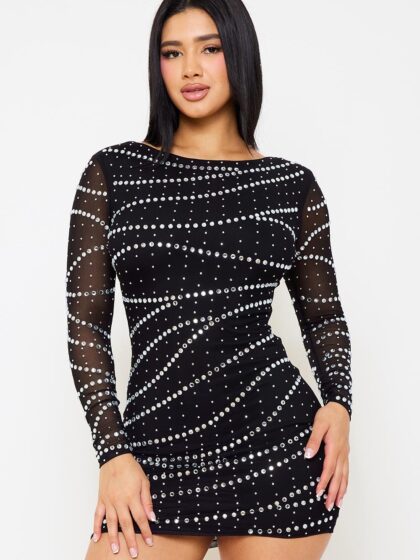 SD1172SP - SMALL AND LARGE RHINESTONE PATTERNED MESH MINI DRESS