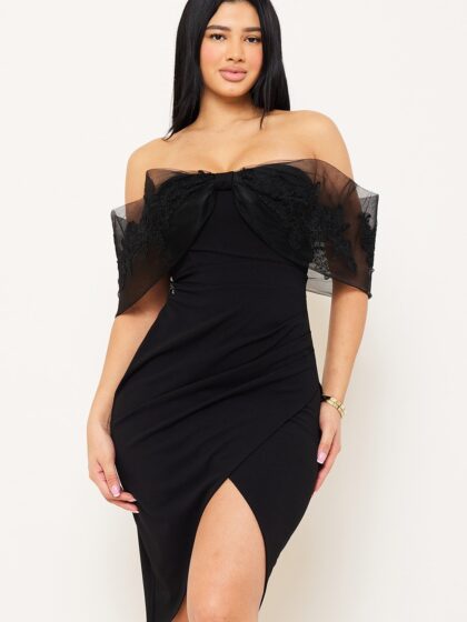 SD1180SP - EMBROIDERED LACE APPLIQUE FLOWER MESH MIDI DRESS