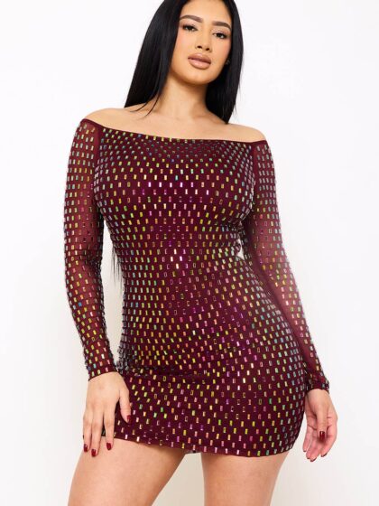 SD1397SP - RHINESTONE ON POWER MESH OFF THE SHOULDER MINI DRESS