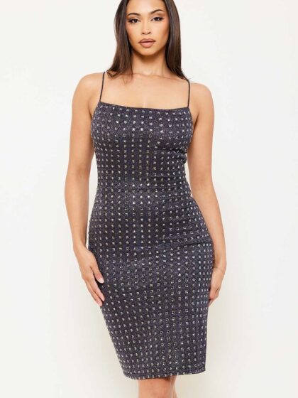 SD1399JP - SQUARE RHINESTONE ON SHINY KNIT MINI DRESS