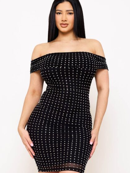 SD1621JP - SQUARE RHINESTONE ON POWER MESH OFF THE SHOULDER MINI DRESS