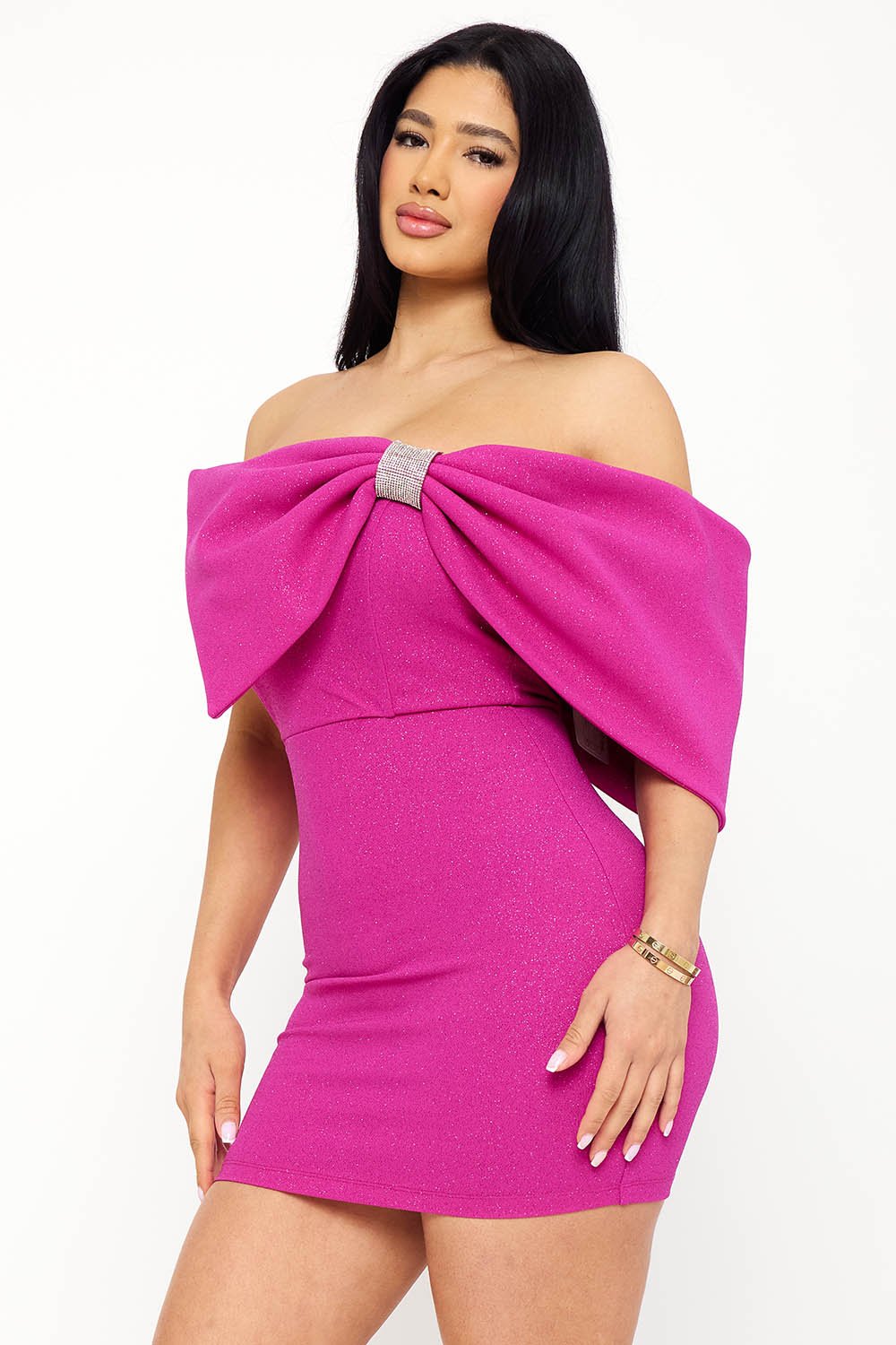 SD1695JP - GLITTER WITH LARGE BOW ON ONE SHOULDER MINI DRESS - Image 2