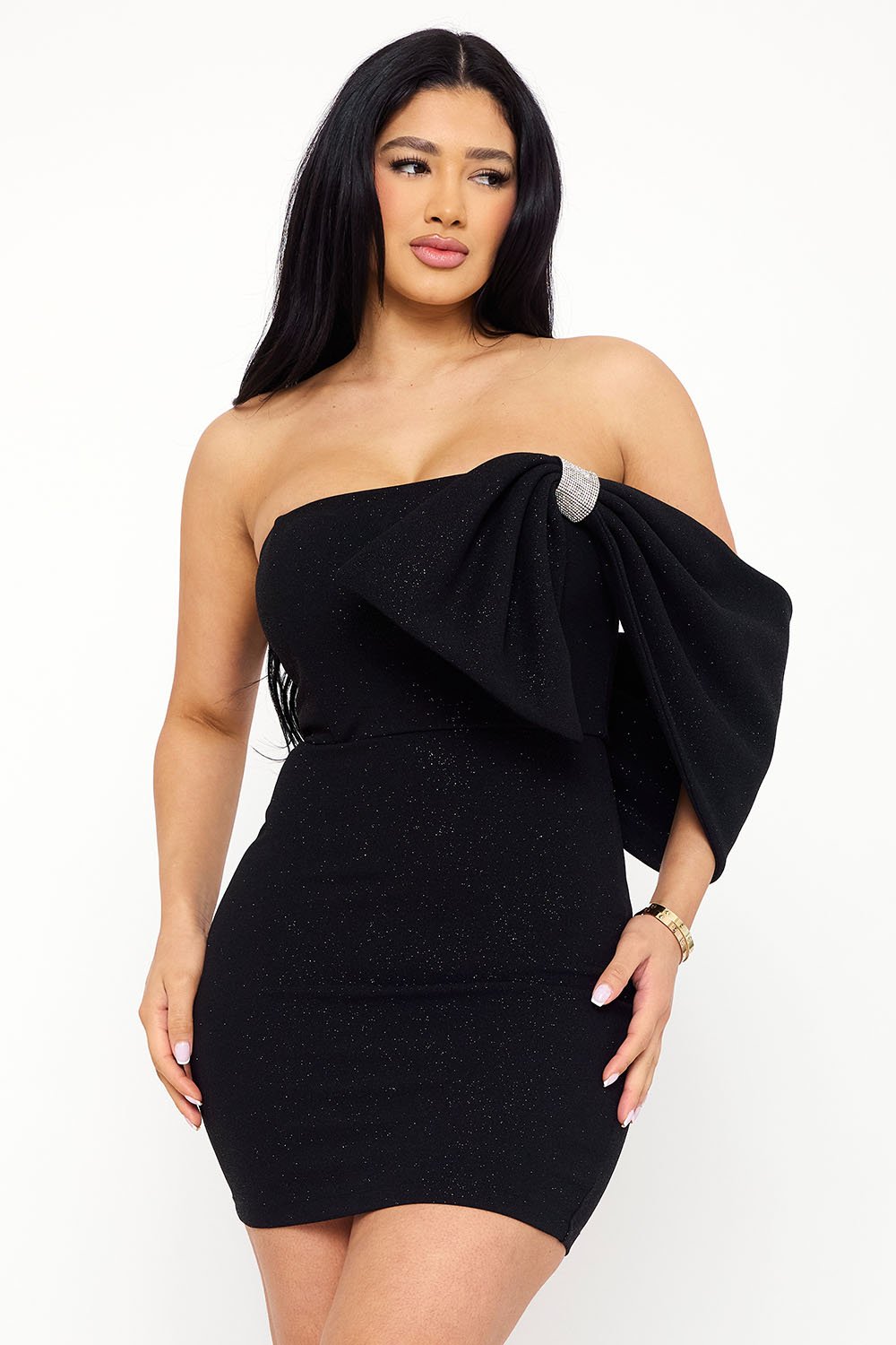 SD1695JP - GLITTER WITH LARGE BOW ON ONE SHOULDER MINI DRESS - Image 5