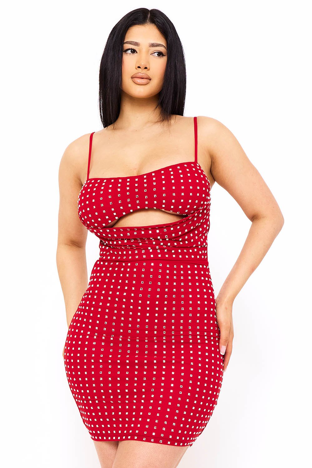 SD1703JP - RHINESTONE ON POWER MESH DRAPED FRONT MINI DRESS