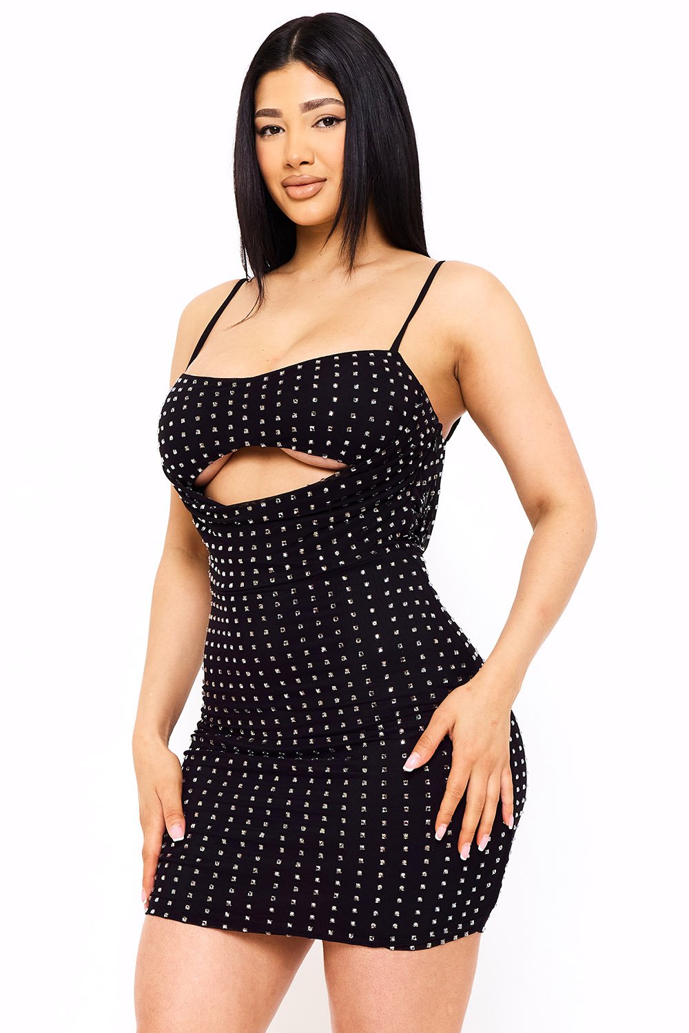 SD1703JP - RHINESTONE ON POWER MESH DRAPED FRONT MINI DRESS - Image 2