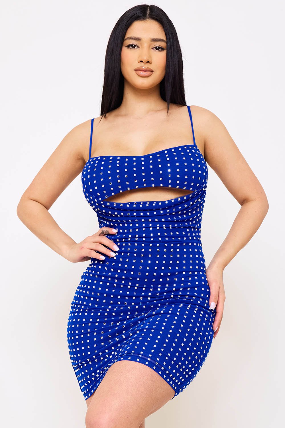 SD1703JP - RHINESTONE ON POWER MESH DRAPED FRONT MINI DRESS - Image 4