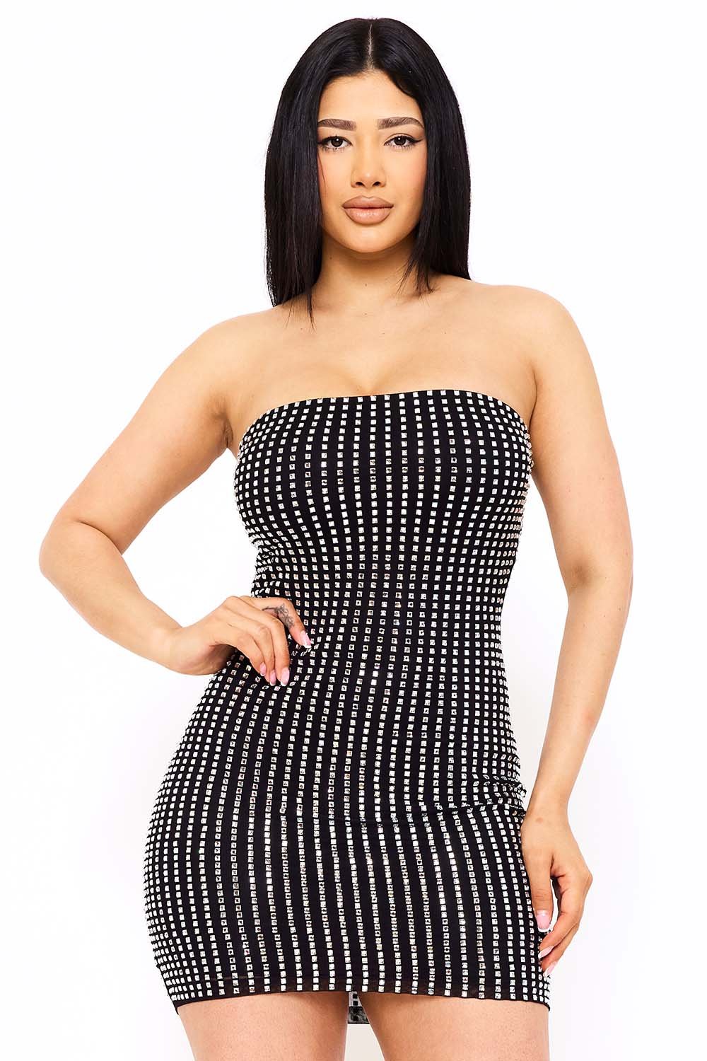 SD1749JP - RHINESTONE ON POWER MESH TUBE TOP MINI DRESS