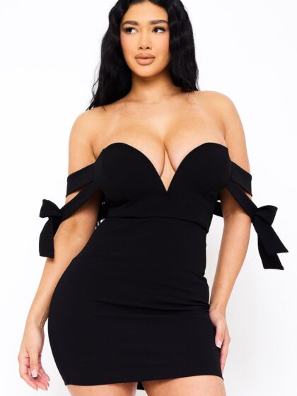 SD1757AP - OFF THE SHOULDER BOW SHOULDER MINI DRESS