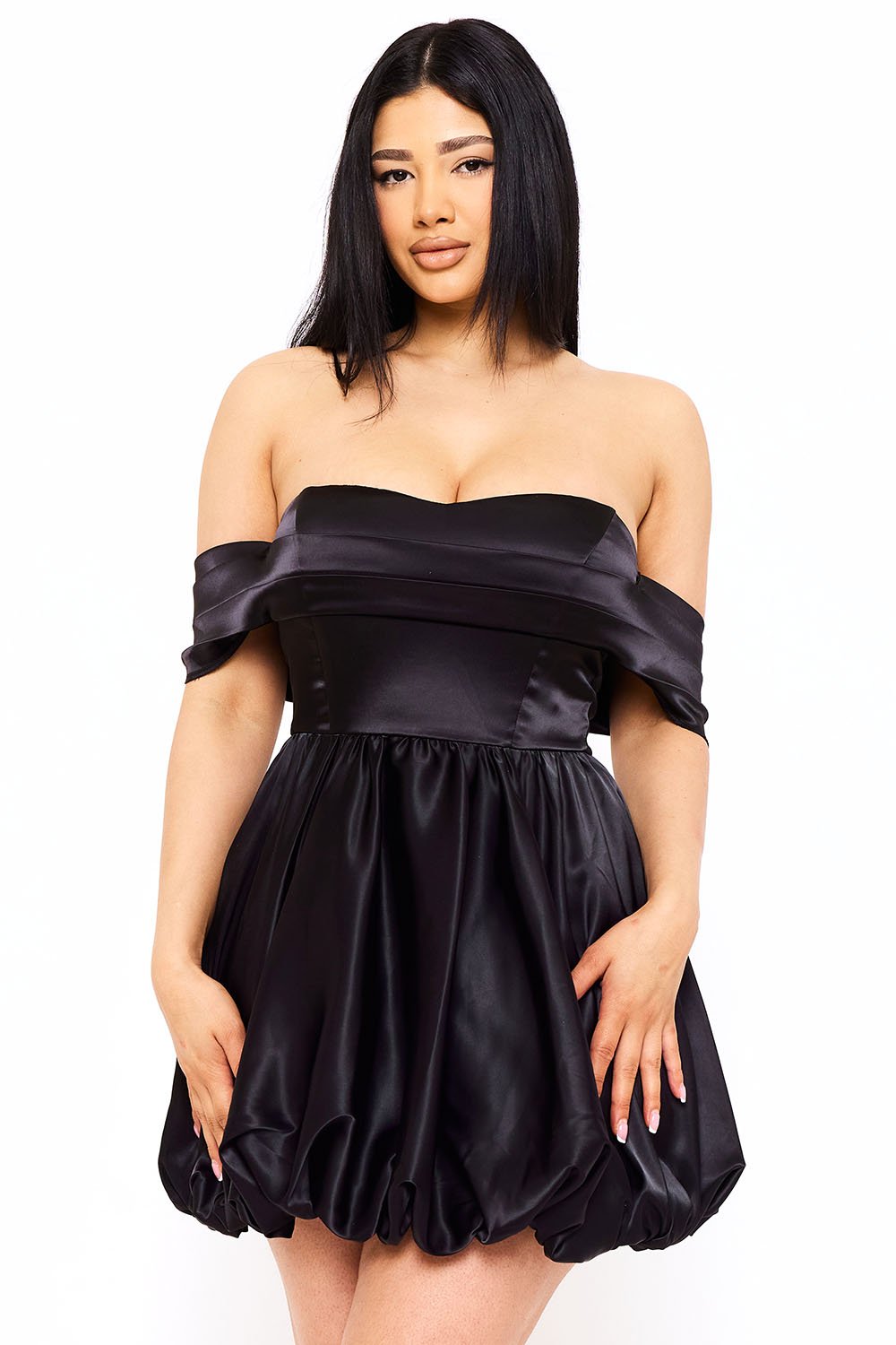 SD1758AP - SATIN OFF THE SHOULDER MINI DRESS