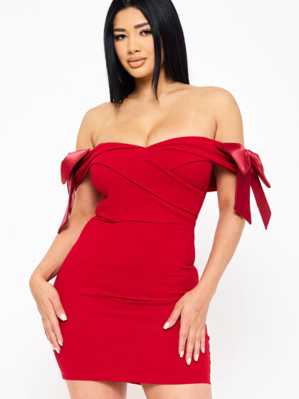 SD1766JP - SATIN BOW ON SLEEVE OFF THE SHOULDER MINI DRESS