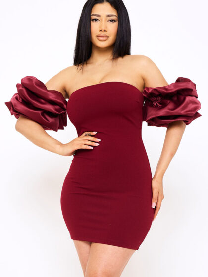SD1767AP - LAYERED RUFFLE SLEEVE OFF THE SHOULDER MINI DRESS