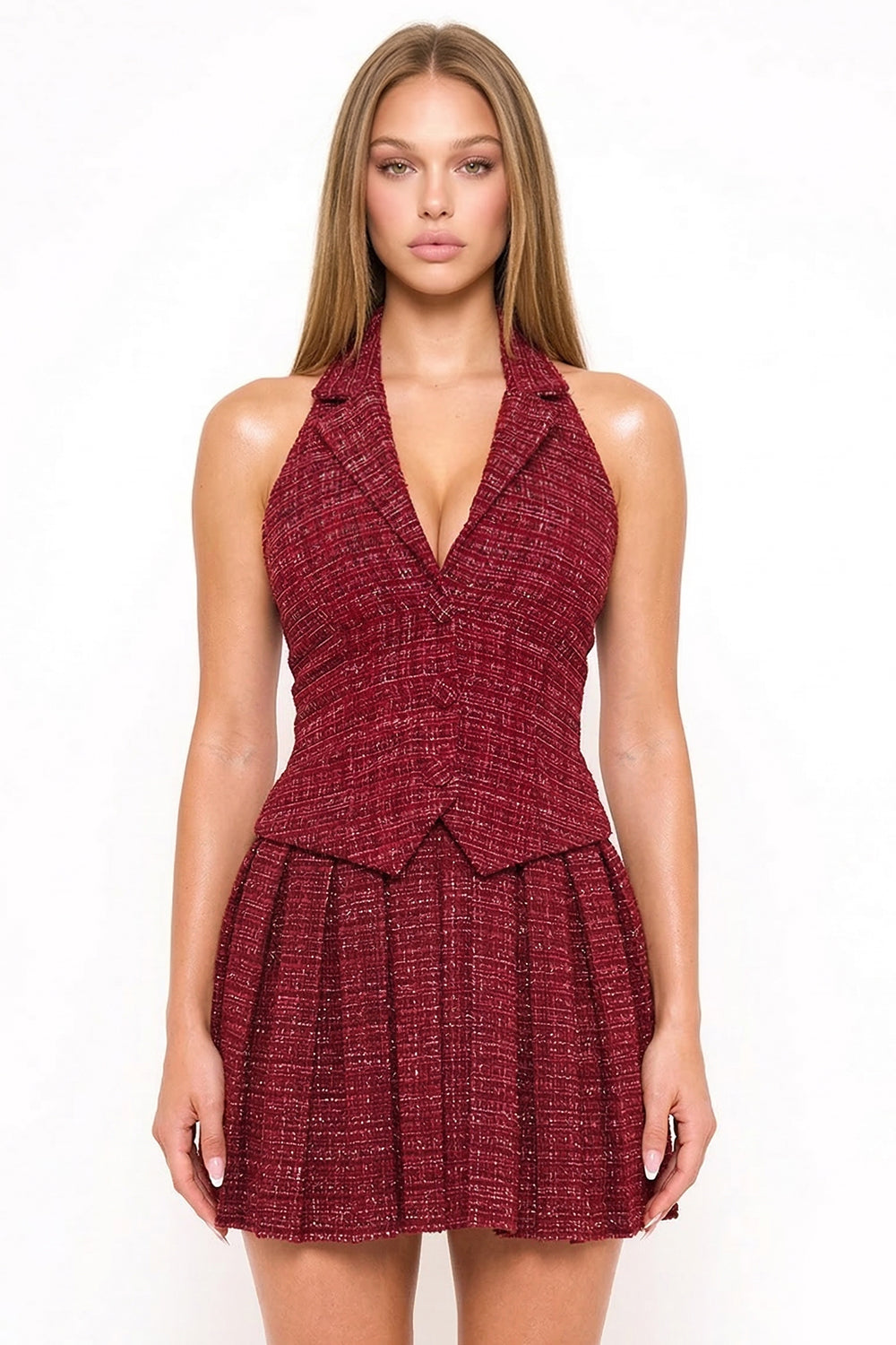 SD1801JP - TWEED HALTER TOP WITH COLLAR MINI DRESS - Image 7