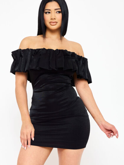 SD1815JP - RUFFLE METALLIC TRICOT OFF THE SHOULDER MINI DRESS