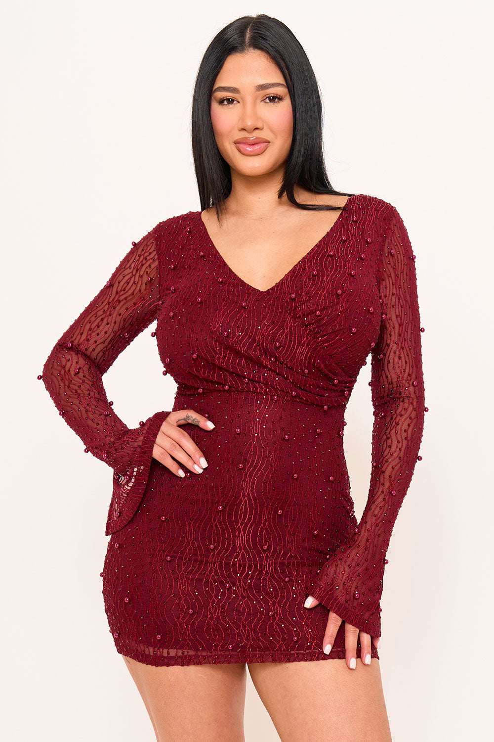 SD1891JP - PEARL DETAILED WAVY MESH MINI DRESS - Image 11