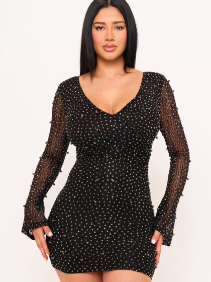 SD1891JP - PEARL DETAILED WAVY MESH MINI DRESS