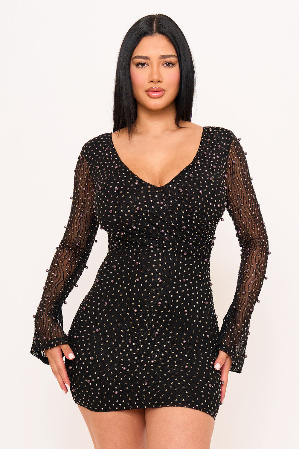 SD1891JP - PEARL DETAILED WAVY MESH MINI DRESS