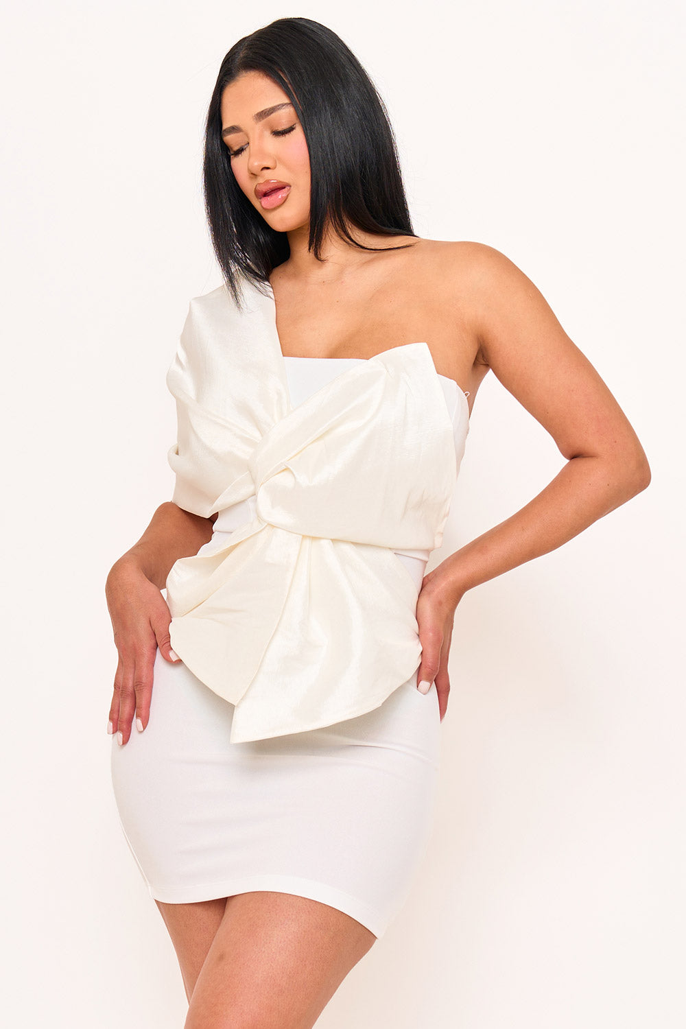 SD1930JP - ONE SHOULDER TWIST TIE DETAIL FRONT MINI DRESS