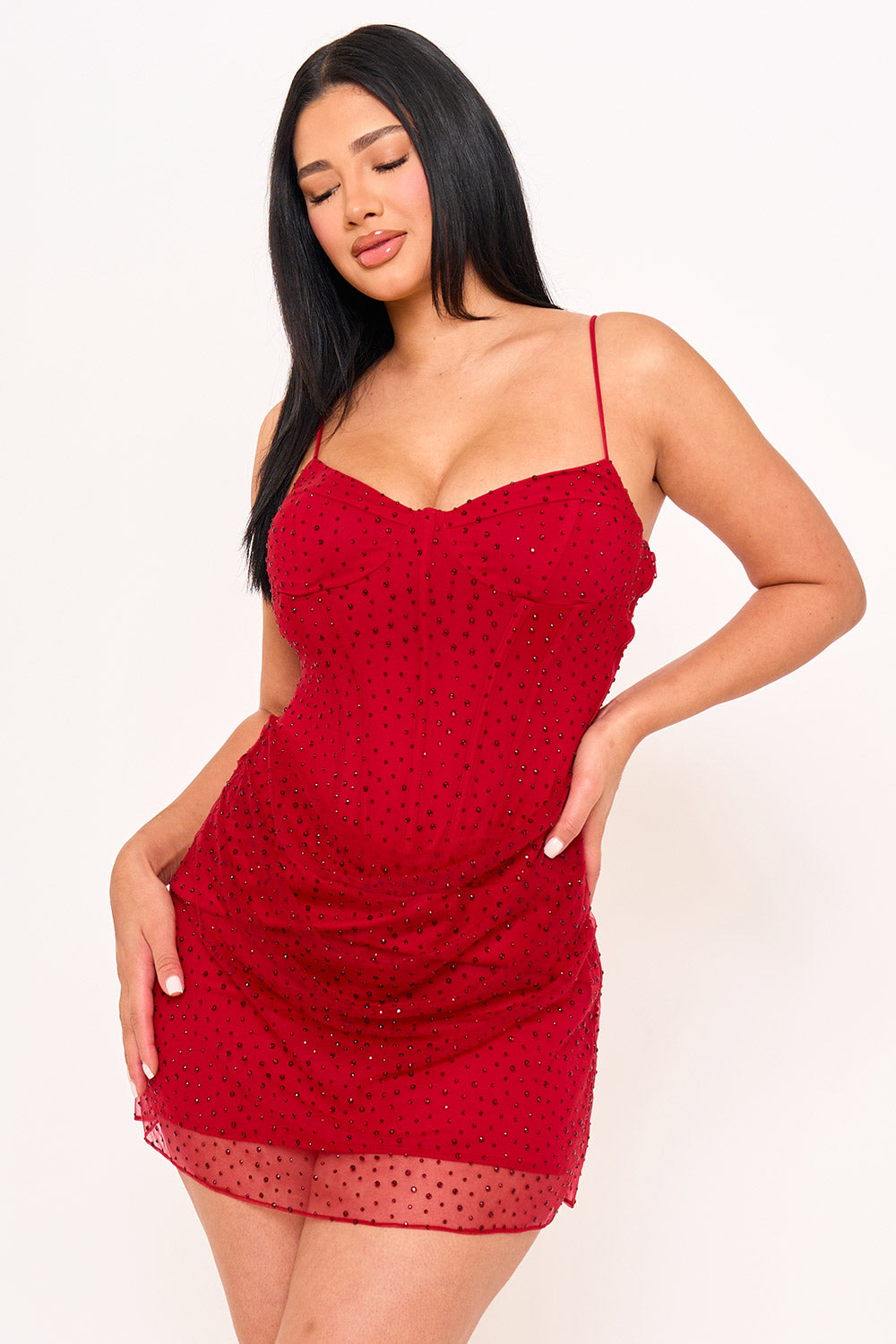SD1964AP - RHINESTONE ON OVERLAY MESH MINI DRESS