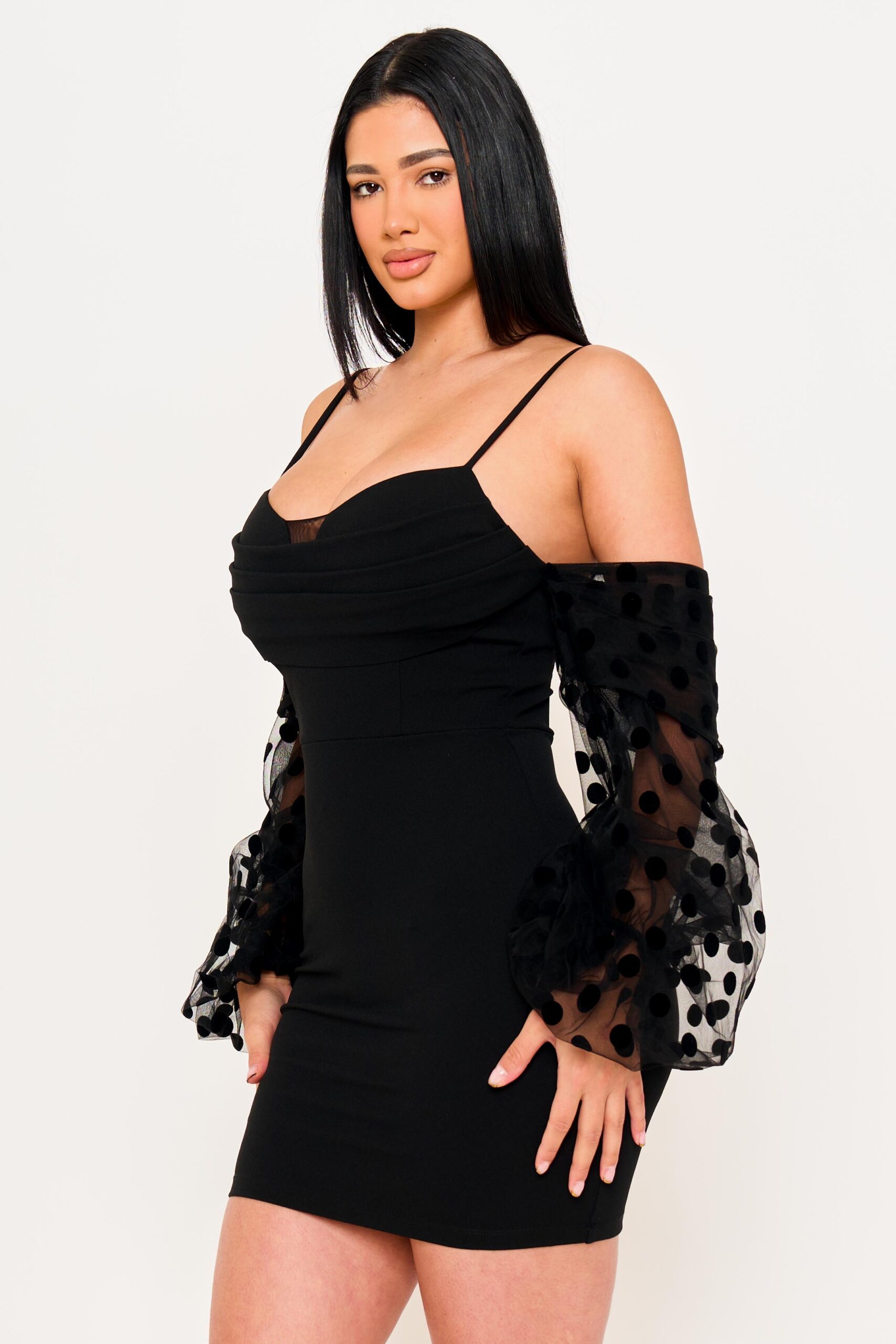 SD1983HP - POLKADOT ON MESH LONG BALLOON SLEEVE MINI DRESS - Image 4