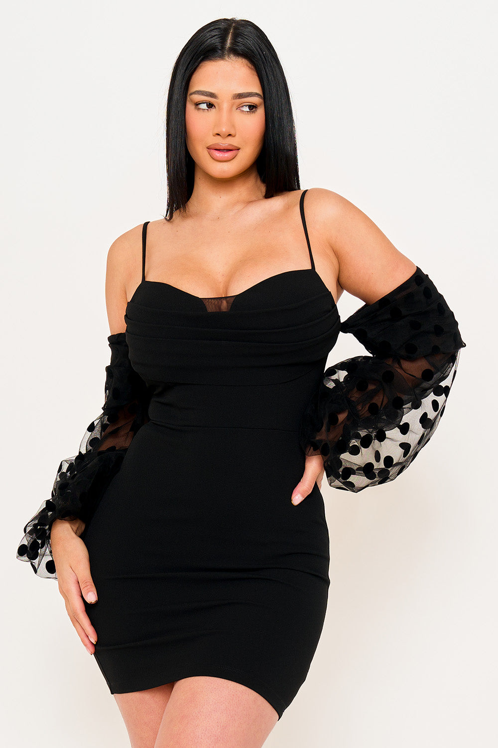 SD1983HP - POLKADOT ON MESH LONG BALLOON SLEEVE MINI DRESS - Image 6