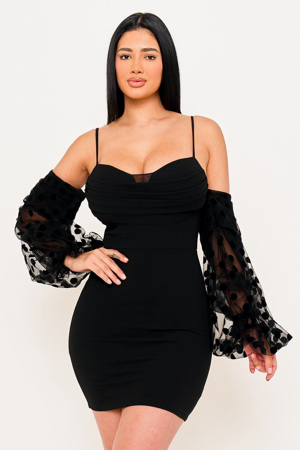 SD1983HP - POLKADOT ON MESH LONG BALLOON SLEEVE MINI DRESS - Image 3