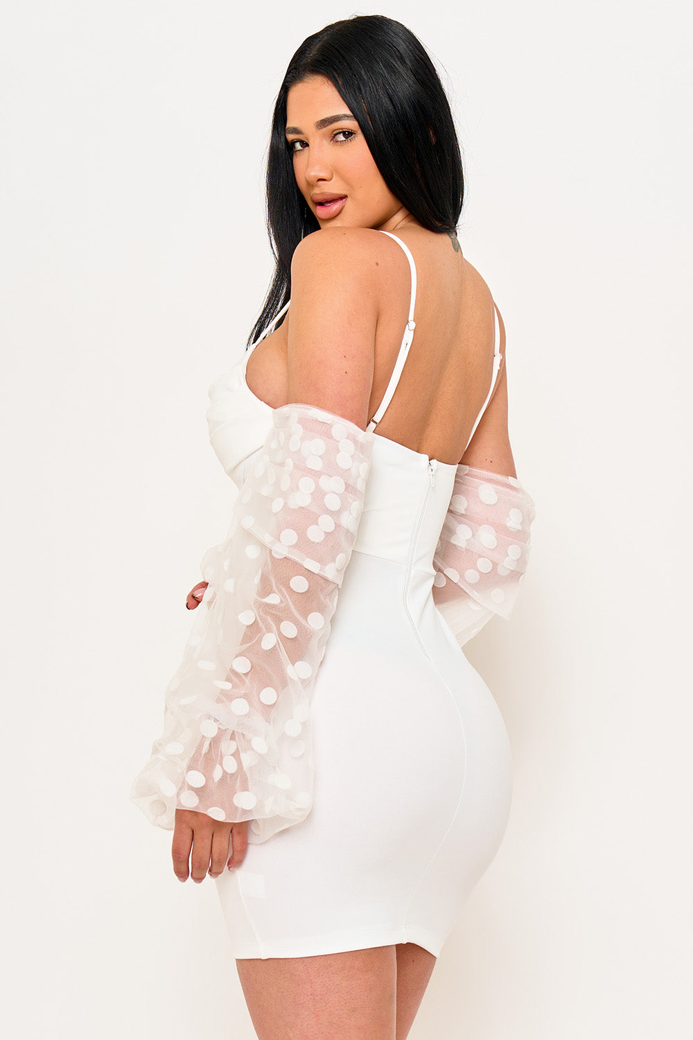 SD1983HP - POLKADOT ON MESH LONG BALLOON SLEEVE MINI DRESS - Image 2