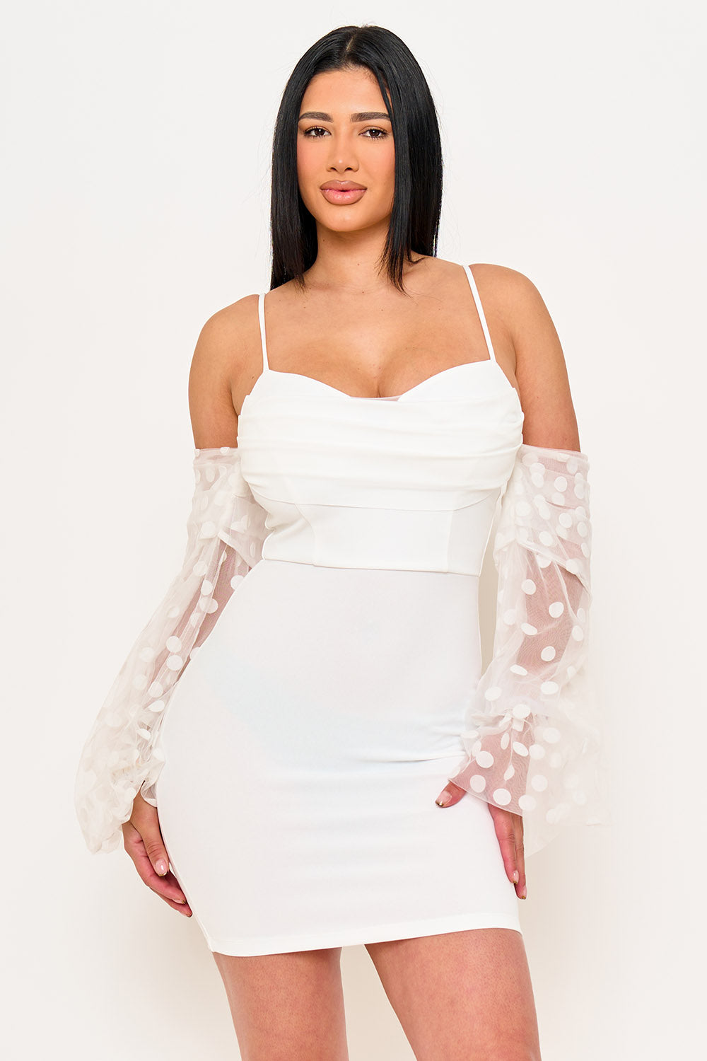 SD1983HP - POLKADOT ON MESH LONG BALLOON SLEEVE MINI DRESS - Image 10