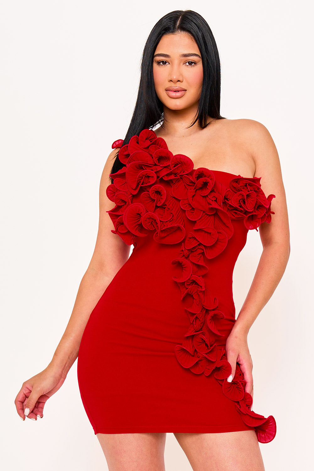 SD1984HP - PLEATED RUFFLE ONE SHOULDER MINI DRESS - Image 12