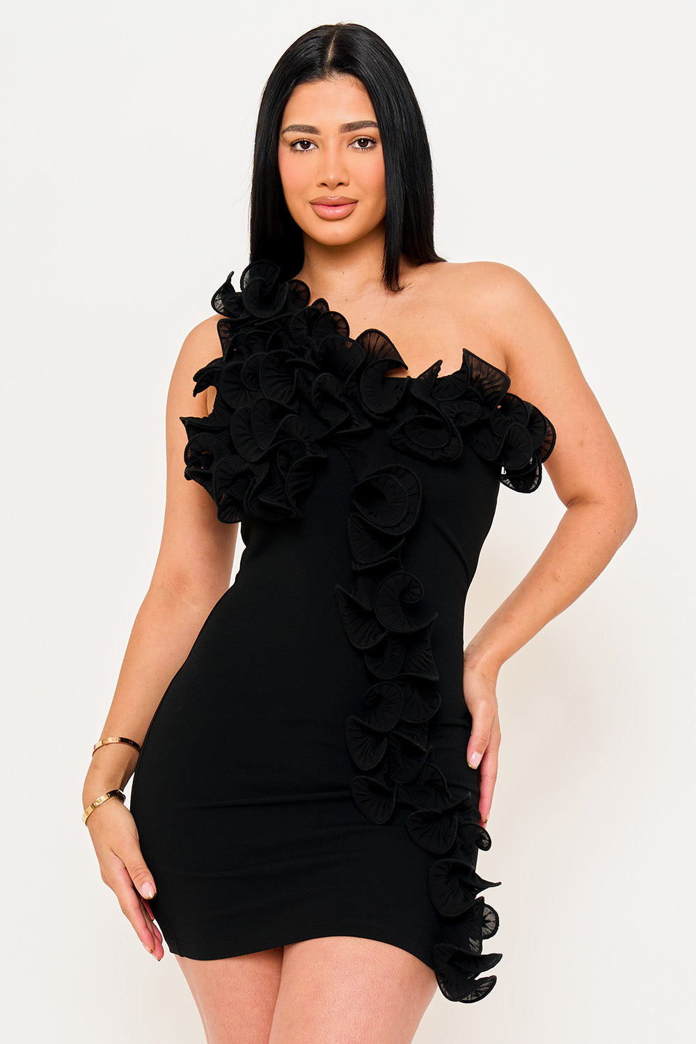 SD1984HP - PLEATED RUFFLE ONE SHOULDER MINI DRESS - Image 8