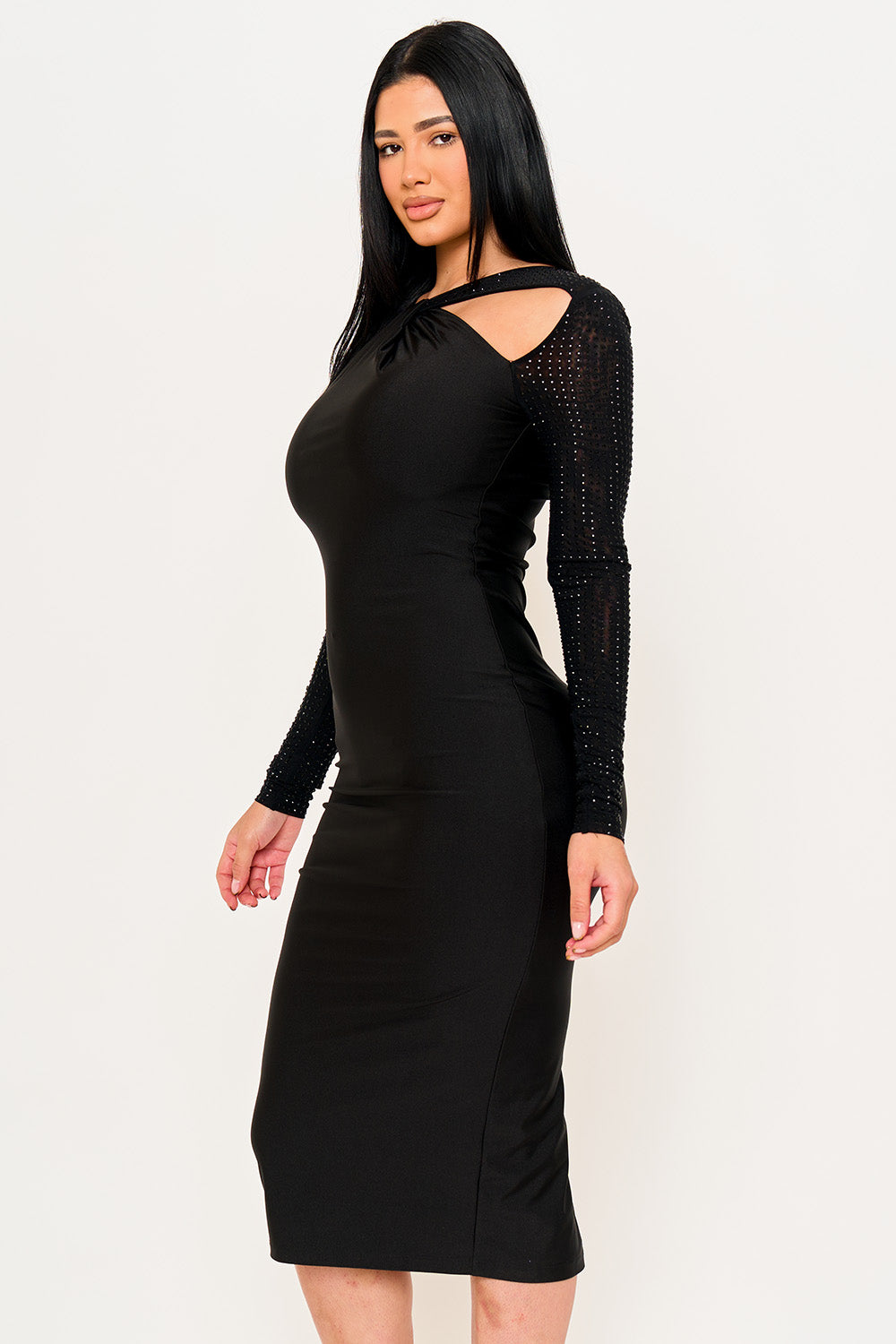 SD2148HP - RHINESTONE ON MESH SLEEVE SATIN MIDI DRESS - Image 9