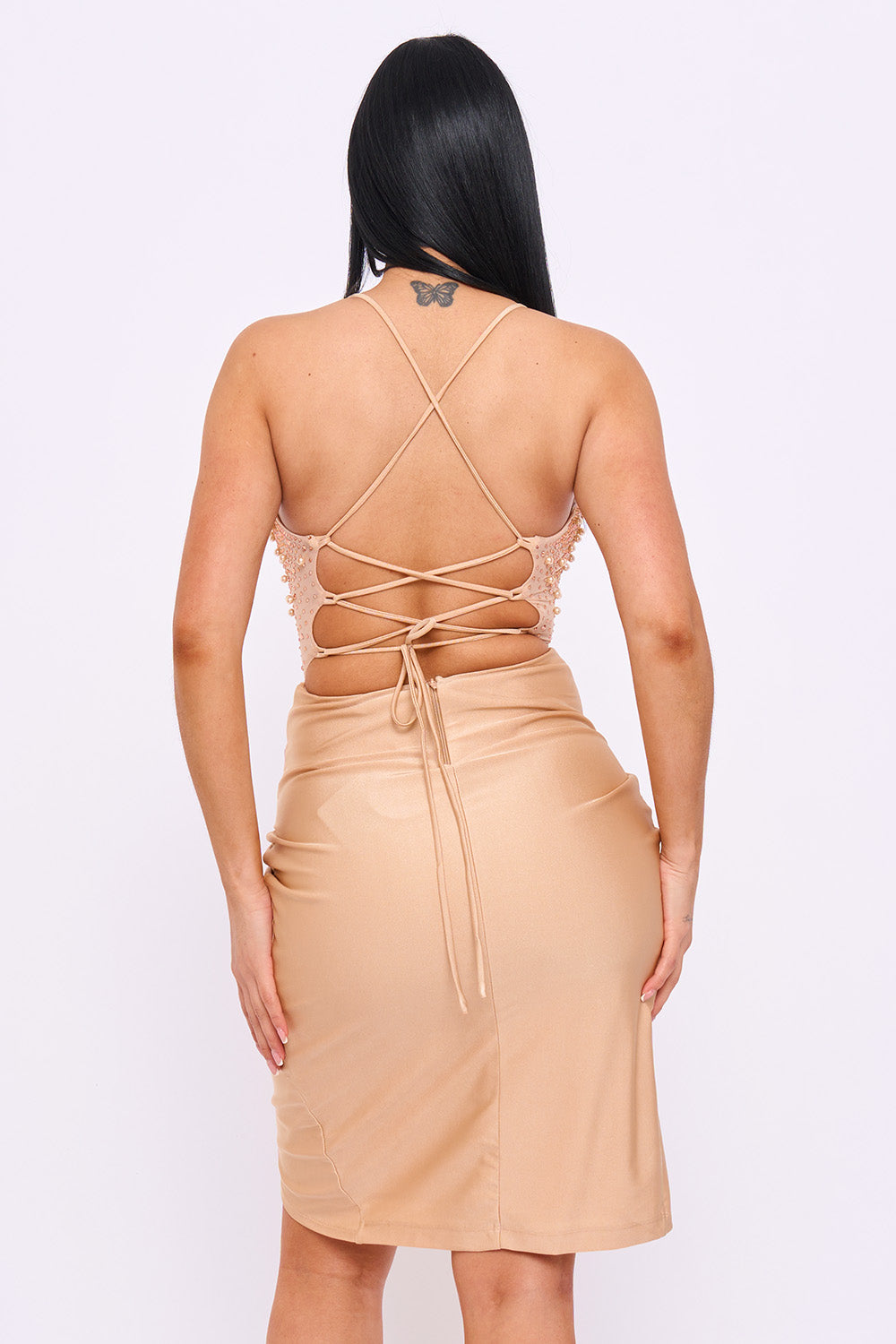 SD2222JP - PEARL AND RHINESTONE BEAD ON MESH TOP MIDI DRESS - Image 4