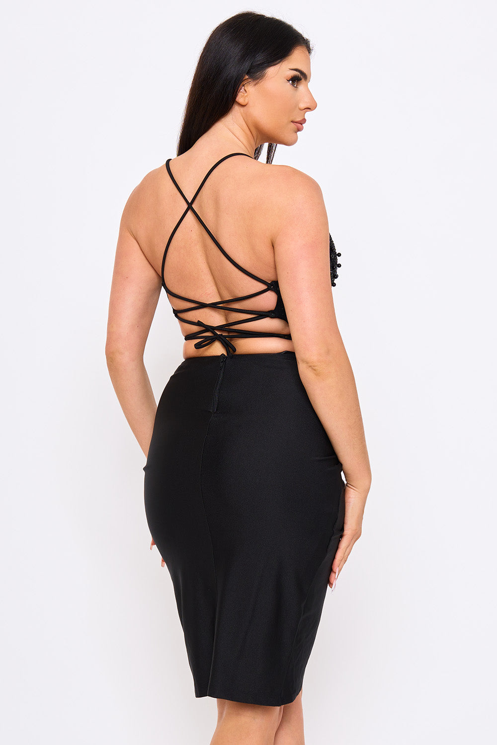 SD2222JP - PEARL AND RHINESTONE BEAD ON MESH TOP MIDI DRESS - Image 8